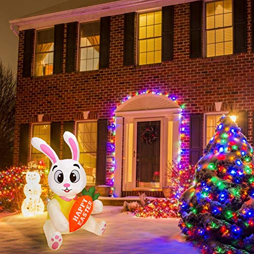 ISAKEN 1.5M Aufblasbarer Hase für Ostern, Outdoor Dekoration Partydekoration, Aufblasbarer Osterhase mit LED-Licht, Oster-Urlaubsdekorationen für Garten, Rasen