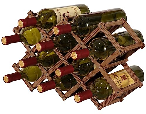QUCUMER Wooden Wine Rack, Foldable Wine Storage Organizer 10 Slot Foldable Wine Rack Table Free Standing Bottle Racks Foldable Wine Shelves for Home Kitchen Bar Cabinets