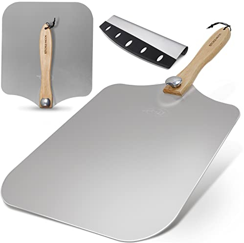 KITCHUS Moon Pala de pizza grande de 16 pulgadas, pala de metal extra grande de 14 pulgadas de ancho, espátula de pizza para mover pizzas grandes fácilmente, pala de pizza con mango plegable largo con