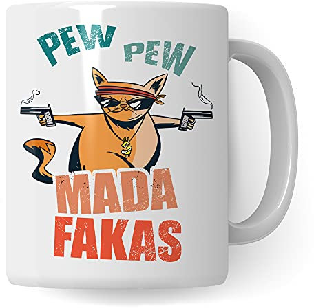 Tasse mit Spruch lustig: Pew Pew Madafakas Tasse - Becher Katze witzig - Geschenkidee mit lustigem Spruch - Kaffeetasse Katzenmotiv für Katzenmama & Katzenpapa Kaffeebecher
