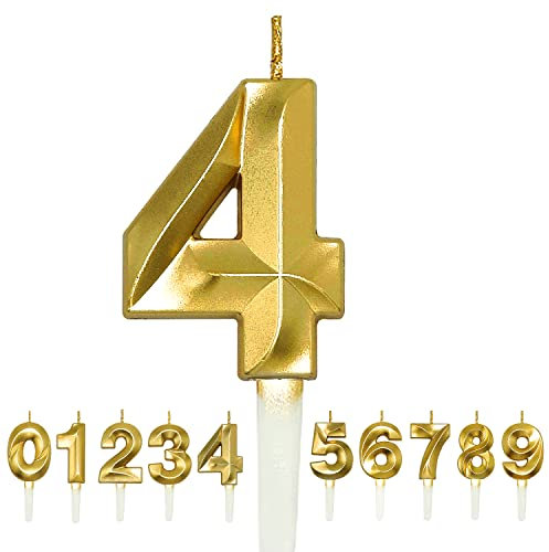 RoserRose Geburtstag Nummer Kerzen, 3D geburtstagskerzen Zahl 0 1 2 3 4 5 6 7 8 9 Glitzer Kuchen Topper Dekoration für Geburtstag Jahrestag Hochzeit Party (gold, 4)