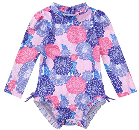 dPois Bébé Fille Maillot de Bain 1 Pièce Manche Longue Anti UV UPF 50+ Combinaison Natation Vêtements de Plage Piscine Tankini Imprimé Fleur Violet 18-24 Mois