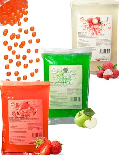 Bubble Tea Popping Boba Mix - 3 x 600g Erdbeer+Grünapfel+Litschi Boba Fruchtperlen - Vegan&Glutenfrei Boba Perlen - Super Ideen zum Selber Machen Bubble Tee Topping für DIY