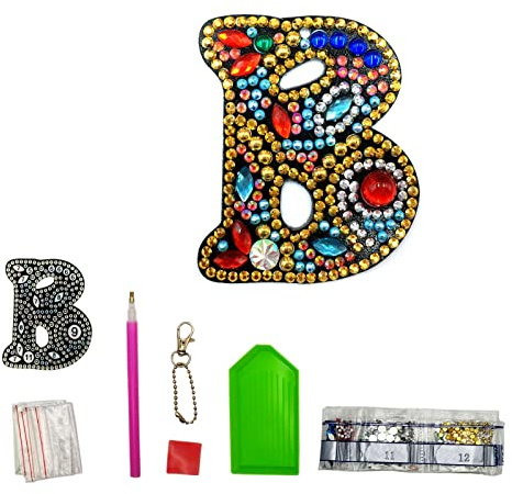 MEDOYOH DIY Lettres « B » Peinture diamant Porte-clés double face Rétro DIY Kit de peinture diamant Porte-clés DIY Lettres Art Craft Crystal Diamond Keychain Kits
