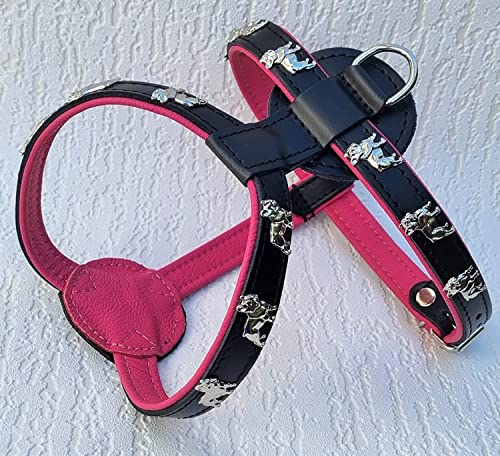 Bully Französische Bulldogge French Bulldog Frenchie Geschirr Brustgeschirr Echt Leder - 3 Verschiedene Größen Schwarz-ROSA (3. Brustkorb 61-68cm/72cm)