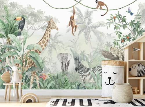 Papier Peint Panoramique Chambre De Bébé Chambre D'Enfant Animaux Jungle Papier Peint 3D Intissé Decoration Murale Chambre Salon