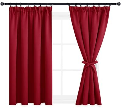 DWCN Vorhang Blickdicht Verdunkelungsgardinen mit Kräuselband Vorhänge Wohnzimmer Vorhang-Krawatten, Wärmeisolierende Gardinen Kurz Thermovorhang Vorhänge Küche,137x167cm(HöhexBreite), Rot, 2er Set