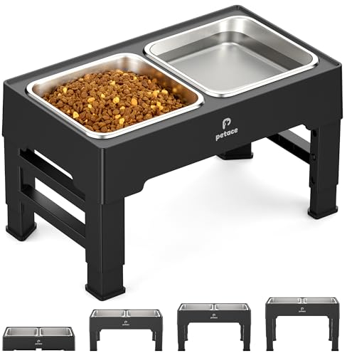 Petace Gamelles Chiens Surélevées avec 2 Gamelles INOX de 1,6 L, Support Surélevé de 4 Hauteurs Ajustables pour Chien de Taille Moyenne et Grande