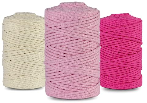 Netuno 3X Makramee Garn 5mm 100m 3er Set Baumwollkordel Elfenbein Rosa Fuchsia Textilgarn Kordelband Naturgarn Naturbaumwolle Garn für Makramee Taschengarn Dekoschnur Flechtschnur Baumwolle Garn