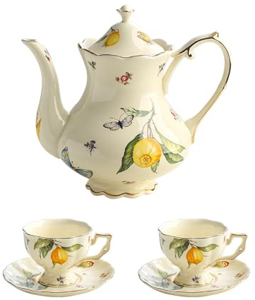 lesulety Tetera y Taza Conjunto de 3 Tazas de té Vintage y platillos Phnom Penh Taza de café de Porcelana Set Gracia Tetera Taza de café Espresso de cerámica,Amarillo