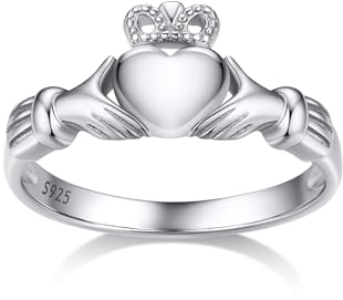 Bestyle Claddagh Ring Silber 925 Damen Irish Krone Fingerring Keltische Herz Liebesring Freundschaftsring Verlorbungsring Geschenke für Damen Mädchen, Weißgold, Ringgröße 64