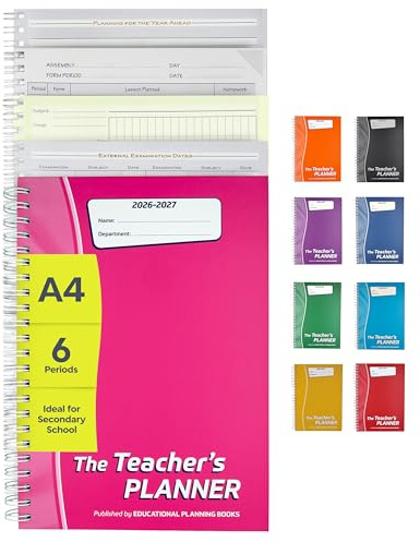 Educational Planning Books Teacher Planner 2026-27 A4, 6 Period (TP3-Pink) | 290 undated page-a-day pages, year planning, exams and marking sections, anti-scuff hardback, wiro bound