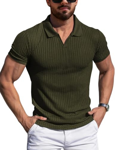 AIYINO Summer Mens Polo Shirts Short Sleeve V Neck Knitted Slim Muscle Fit T Shirt Polo Shirts for Men Adult Army Green L
