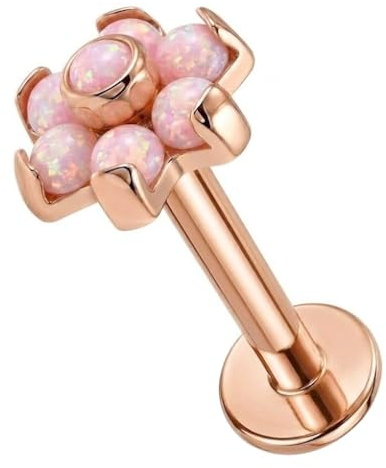 AZARIO LONDON Tragus-Piercing, roségold, eloxiertes Titan G23, rosa Opalstein, Blume, Push-Fit-Top, 16 Gauge, 6 mm Länge, Labret-Piercing, Tragus-Piercing