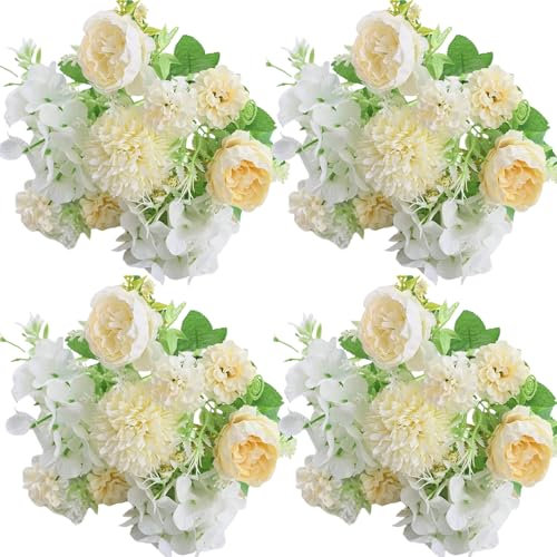 ASTRYAS Artificial Flowers, 4Pcs Silk Flowers White Flowers Fake Rose Flowers Bouquets Arrangements Decoration Greenery Plant Fern Leaves for Party Wedding Home Decor Indoor(White)