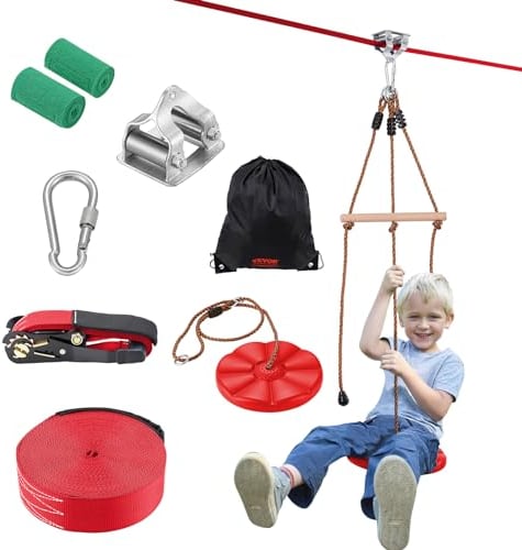 VEVOR Zipline-Set für Kinder & Erwachsene, 20 m Zipline-Sets bis zu 227 kg, Seilrutschen für den Außenbereich im Hinterhof, Spielplatzunterhaltung mit Zipline, Nylon-Sicherheitsgurt & Zubehörsatz