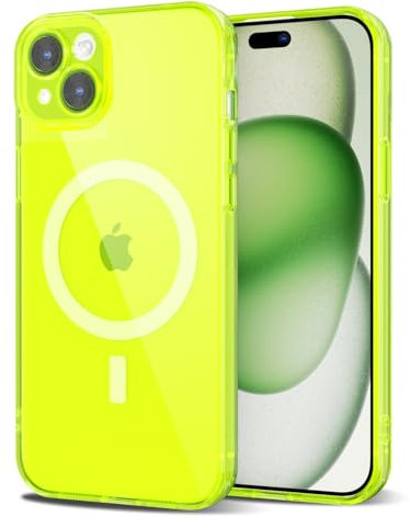 Svanove for iPhone 15 Case Clear Compatible with Magsafe, Transparent Magnetic Magnet Mag Case, Cute Slim Thin Silicone Grip & Shockproof Camera Cover Drop Protection Bumper, Neon Green Lime