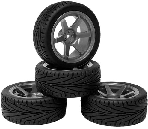 KINGCOO RC Auto Reifen und Räder Set, 4Stück 65mm Gummireifen und 6 Speichen Aluminiumlegierung Metallfelgen Räder Felgen Alufelgen Ersatzteile für 1/10 RC On-Road Touring Racing Auto (Schwarz Grau)