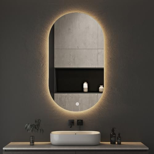Boromal Badspiegel Oval mit Beleuchtung 50x90cm Ovaler Badezimmerspiegel mit Beleuchtung Spiegel mit Licht Oval LED Spiegel Badezimmer Wandspiegel mit Touch-Schalter + 3 Lichtfarbe Dimmbar