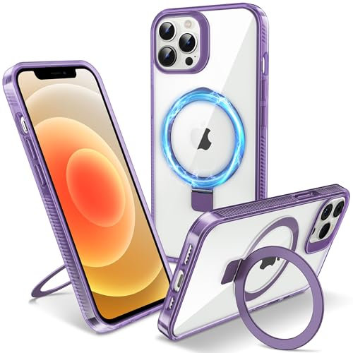 Flyzoo Magnetic Kickstand Case for iPhone 12 Pro Max, [Compatible with MagSafe & Invisible Ring Stand Holder] [Non-Yellowing & Shockproof] Transparent Hard Silicone Edge Cover, 6.7'', Clear Purple
