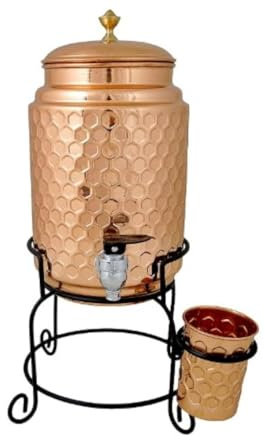 jewellary hub Pure Copper Hammered Finish Water Dispenser | Tamba Jug | Matka Pot | Water Storage Tank Container 1 Glass with Iron Stand 5000 ml / 1.32 gallon (Copper, Multi B221)