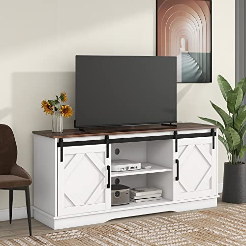 Grande mobile per TV, 150 x 40 x 60 cm, con 2 classiche ante scorrevoli, scaffali regolabili per soggiorno, sala da pranzo, casa di campagna, design moderno (bianco marrone)