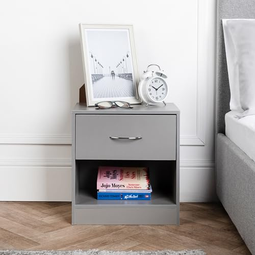 Home Treats Set of 2 Wooden Bedside Table Grey | 1 Draw Nightstand with Storage Shelf | Side Table Bedroom Storage Furniture (Set of 2, Grey)