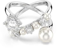 Swarovski Matrix Cocktailring, Weißer, Rhodinierter Ring mit Kristallperlen Zirkonia im Rundschliff in diagonaler Anordnung, Elegant Schimmerndes und Offenes Design, Größe: 58