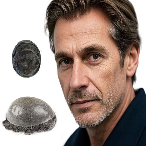 Yanaair Echthaar-Toupet für Herren, glattes Haar, 0,06–0,08 mm, V-Loop, PU, superdünne Haut, Haarsystem, Yanaair, europäische Echthaar-Teile, Toupet, Echthaar-Perücke, 20,3 x 25,4 cm (1B20#)