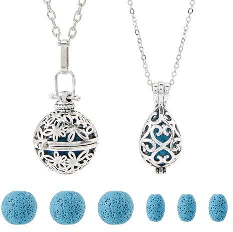 SUPERFINDINGS 2 Stile Halsketten Mit Ätherischen Ölen Parfüm Anhänger Halsketten Mit 12 Lavasteinen Diffusor Medaillon Halskette Ätherisches Öl Schmuck Geschenk Aromatherapie