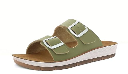 inblu Damen Ciabatte Donna Con Doppia Fascia E Fibbie Regolabili, Plantare in Vera Pelle Imbottito Schiebe-Sandalen