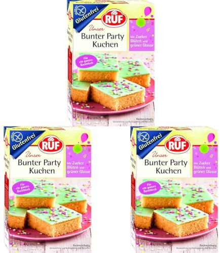 RUF Bunter Partykuchen glutenfrei, Blechkuchen mit Zuckerstreusel und Zuckerglasur, perfekt für den Kindergeburtstag, Zöliakie geeignet, 815g (Packung mit 3)