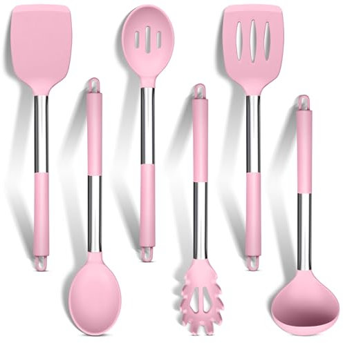 HaWare Pink Kitchen Utensils Set, 6 Pcs Silicone Cooking Utensils with Stainless Steel Handle, Heat Resistant Kitchen Tools for Non-Stick Cookware, Ladle Turner Spoon Pasta Server, Dishwasher Safe