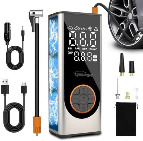 GUWIEYG Compresseur à Air Portatif, Gonfleur Pneus Voiture sans Fil Batterie 6000 mAh, Pompe à Vélo avec Lampe Torche LED pour Voiture, Vélo, Moto et Ballons