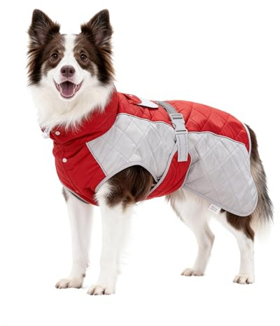BECROWM Hundemantel mit, Winddicht und wasserdicht, verdickter Kragen für Windschutz, verstellbare Schnalle, Winterjacke Hunde (Rot/Grau, L (63,5-73,7 cm))