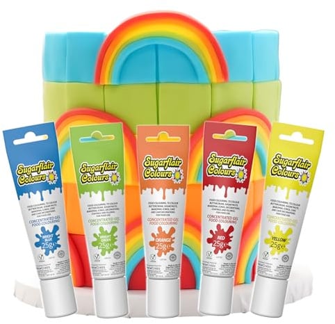 Sugarflair Essentials Food Colouring Gel Rainbow 5 Set - Highly Concentrated Food Colouring Gel for Sugar Paste, Royal Icing, Buttercream, Cake Decorations, Cakes and More! Vibrant Food Dye - 5x 25g