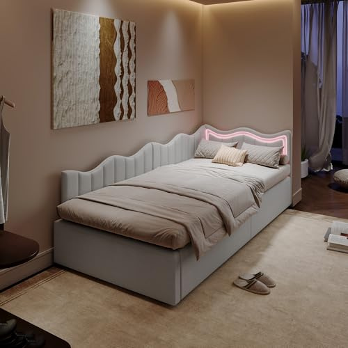 LIVLUX Polsterbett Schlafsofa 90x200,Einzelbett mit LED-Beleuchtung und hydraulischem Stauraum, Bettgestell mit Lattenrost,Tagesbett,Jugendbett, ohne Matratze (Weiß, 90x200cm)