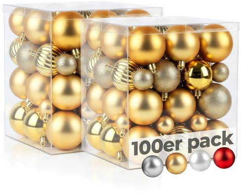 Menz Weihnachtskugeln 100er Gold Mix aus glänzenden matten glitzernden Kugeln 3 4 6cm stilvolle Christbaumkugeln und edle Weihnachtsdeko für Innenbereich