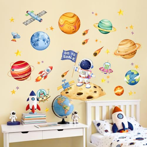 Tanlaby Weltraum Wandtattoo Planeten Sonnensystem Astronaut Raumschiff | für Kinderzimmer Jungen Mädchen Jugendzimmer Babyzimmer Wohnzimmer
