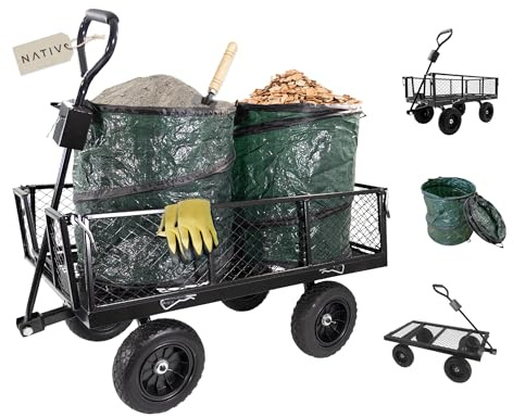 Lemodo Gartenwagen aus Stahl mit Laubsäcken und Gummireifen, 300 kg Tragkraft, Ladefläche 96,5 x 53 x 22 cm, Anhänger mit Kupplung für Rasentraktor ideal für Laub, Gartenabfälle, Holz und Gartenarbeit