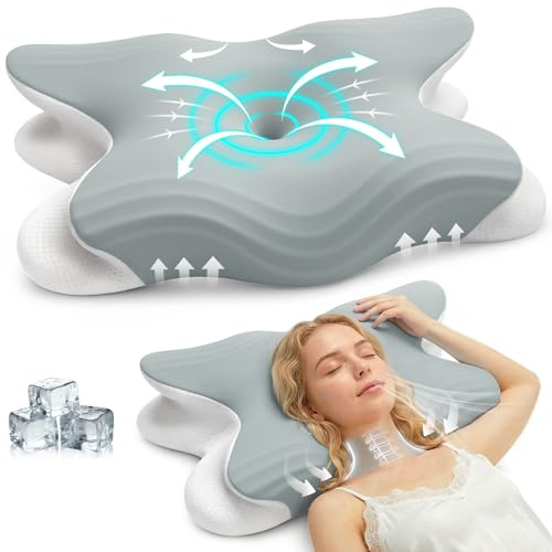 Honfay Ergonomisches 2-in-1-Nackenkissen aus Memory-Schaum, lindert Nacken- und Schulterschmerzen, für Seitenschläfer, Rücken- und Bauchschläfer, höhenverstellbar 11 cm/13 cm (Grau, L)