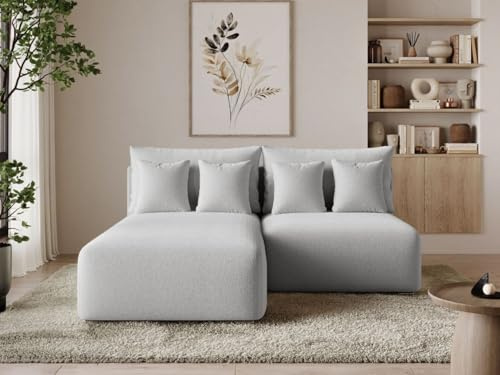 GRAINGOLD Ronni L Ecksofa mit Schlaffunktion und Bettfunktion, 206x190 cm, L-Form Sofa, Schlafcouch für Wohnzimmer, Bouclé-Stoff, 3-Sitzer Eckcouch, Ecksofa mit Stauraum (Grau, Links)