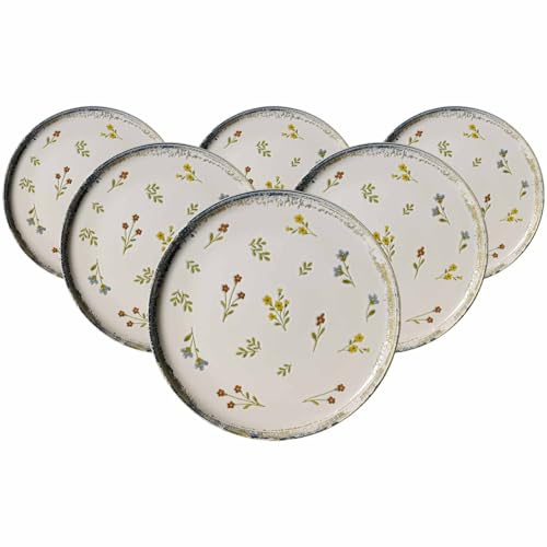 Ritzenhoff & Breker Speiseteller Viola 6er Set, Ø 26.5 cm, Essteller mit Millefleur-Dekor und verwitterten Kanten, Steinzeug, Spülmaschinen- & Mikrowellenfest, Bunt