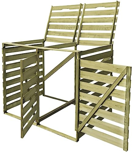 Mülltonnenbox für 2 Tonnen 240 L mit Zwei aufklappbaren Deckeln und Fronttüren aus grün-imprägniertem Kiefernholz, robust und verrottungsbeständig für bis zu 115 cm hohe Mülltonnen