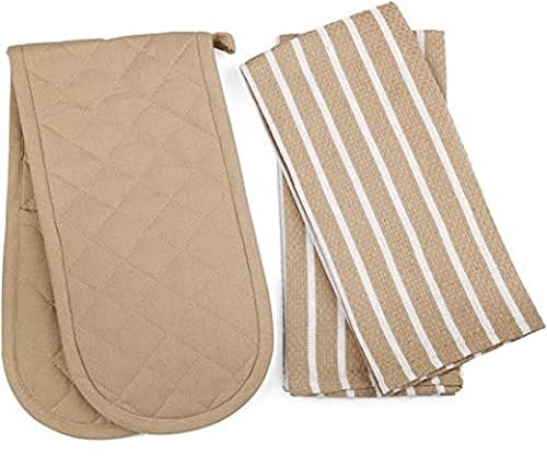 Penguin Home Heat Resistant Oven Gloves with Set of 2 Tea Towel Oven Mitt & Potholder for Home Cooking - Maximum Heat Protection/Kitchen Accessories(Beige) Size - (18x90 & 65x45 cm)