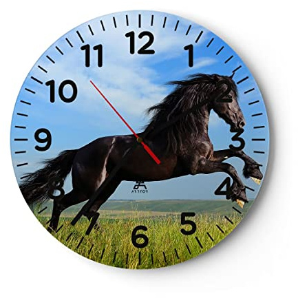 Modern Wanduhr Schwarzes Pferd Pferd Galopp 40x40cm Rund Groß Wand Uhr Glas Analog Zimmeruhren Küche Büro Wohnzimmer Glasuhr Wall Clock Dekoration Design Wanddekoration Küchenuhr C4AR40x40-0495