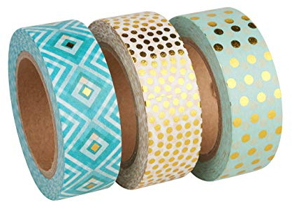 Rayher Washi Tape Set, Box 3 Rollen à 10 m, 15 mm breit, 3 Designs in mint/gold, Papierband, dekoratives Klebeband zum basteln, masking tape, 60891000