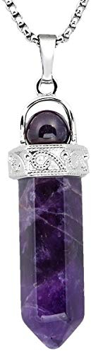 KYEYGWO Heilstein Punkt Anhänger Halskette für Damen und Herren, Hexagon Versilbertes Reiki Chakra Poliertes Steinpendel für Unisex, Amethyst Perlen mit Hexagon