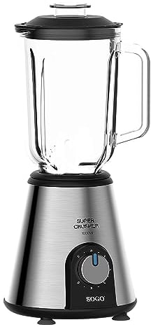 SOGO Batidora SuperCrusher | Licuadora con Jarra de Cristal, 5 velocidades, 1.5L Picadora de Hielo, 1000W - Acero Inoxidable (SS-5530)