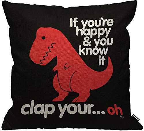 HGOD DESIGNS Cushion Cover Funny Red Dinosaur With Letter If You're Happy You Know It Throw Pillow Cover Home Decorative for Men/Women//living room Bedroom Sofa Chair 18X18 Inch Pillowcase